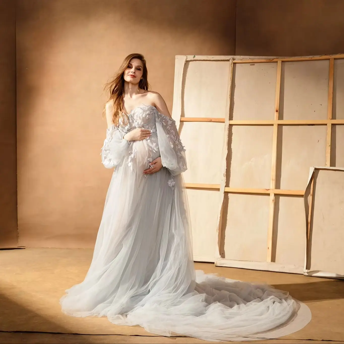 Pretty Dusty Blue Maternity Photoshoot Dress for Photo Shoot Pregnancy Gown Off the Shoulder 3D Applique Tulle Maternity Dresses