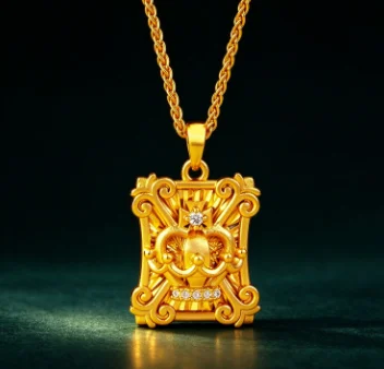 Point drill square pattern pendant retro senior sense heavy industry collarbone chain jewelry 9999gold