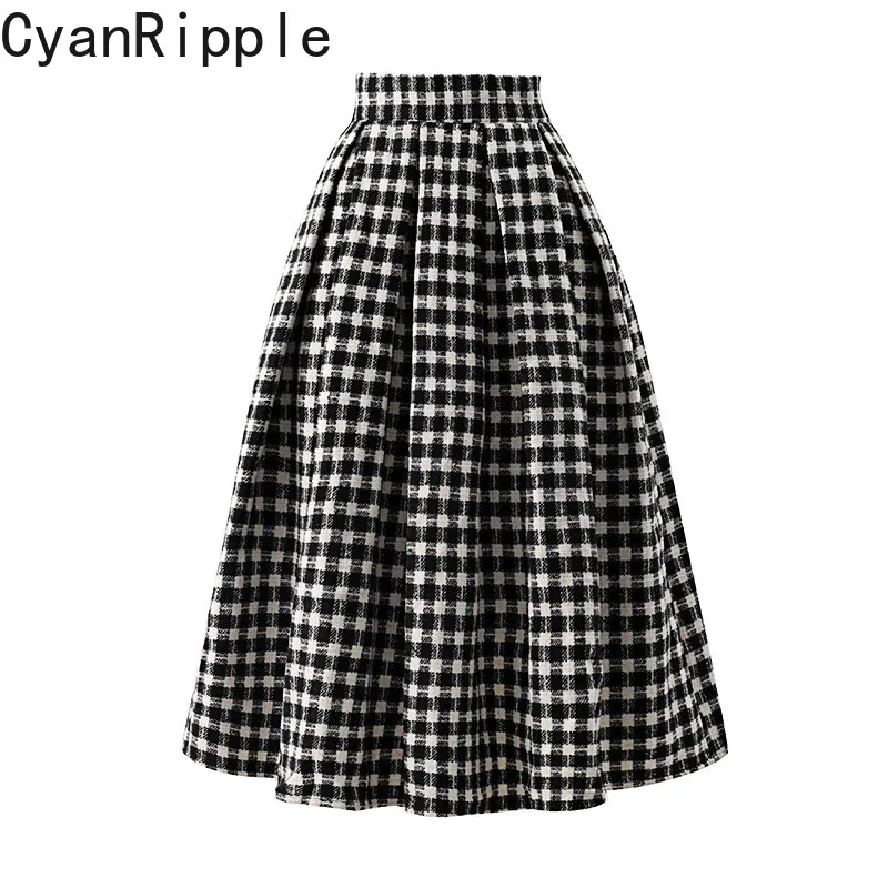 New Autumn Winter Colorblock Black White Plaid Female Woolen Skirt All-match High Waist Elegant Mid-long Vintage A-line Skirts