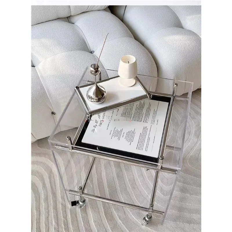 Acrylic Side Table Movable Rolling Cart Luxury Minimalist End Table Creative Nightstand for Living Room Bedroom