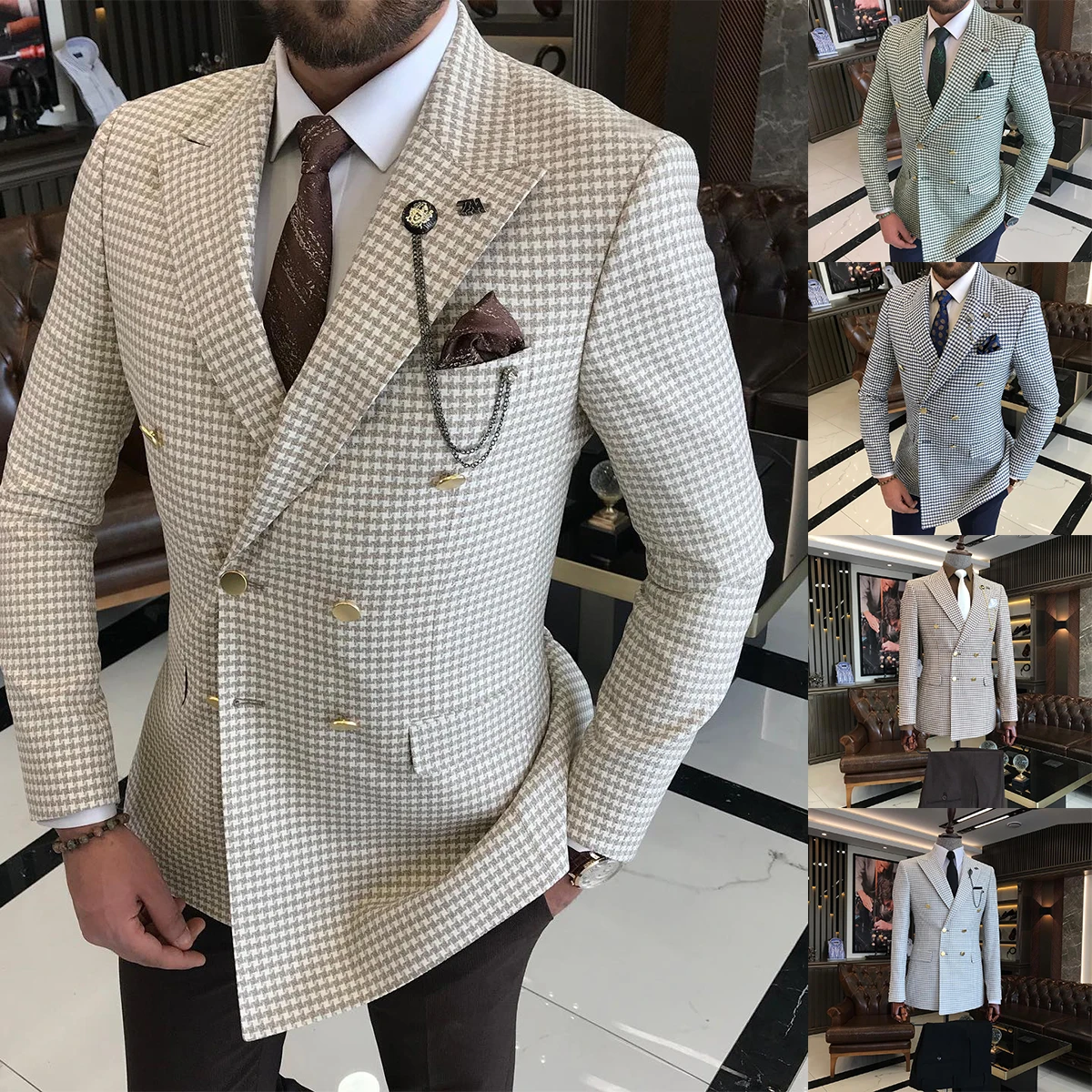 Classic Men Suits Tuxedo Houndstooth Peaked Lapel Double Breasted Customized 2 Pieces Blazer Pants Tailored Handsome Occasions