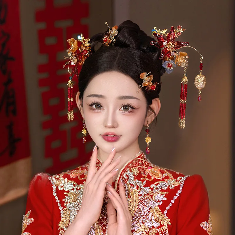 

Bridal Xiuhe Headdress 2025 New High-Grade Retro Red Hairpin Chinese Style Han Chinese Clothing and Gown Hair Accessories