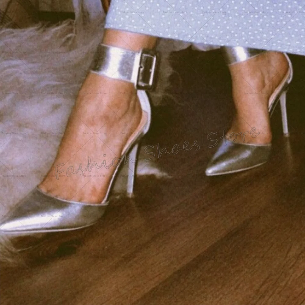 เงินสายคล้องข้อเท้าชี้ Toe ปั๊มรองเท้าส้นสูงรองเท้าส้นสูงรองเท้าส้นสูงรองเท้าสตรีแฟชั่นรองเท้าส้นสูง 2025 ใหม่ Zapatos Para Mujere