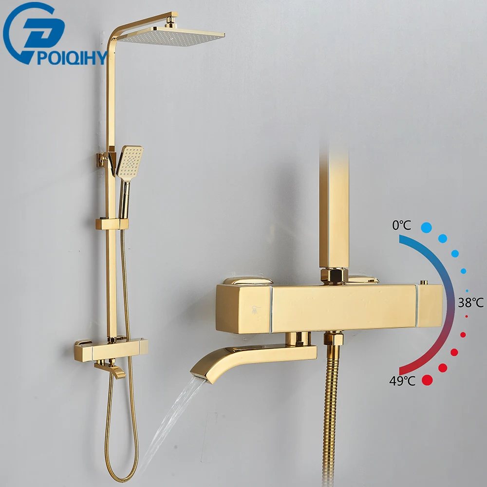 Golden Thermostatic Shower Faucet Bathroom Faucets and Shower Thermostatic Rainfall Shower Set Black Bath Shower Systems