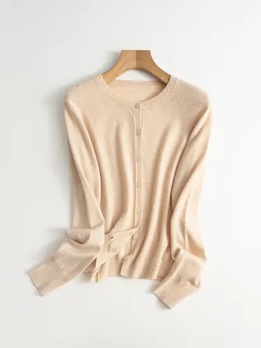 SuyaDream, Cardigans For Woman, 100%Merino Wool, Round Collar, Solid Plain Sweaters, 2024 Fall Winter Jackets, Beige, Black - Image 11