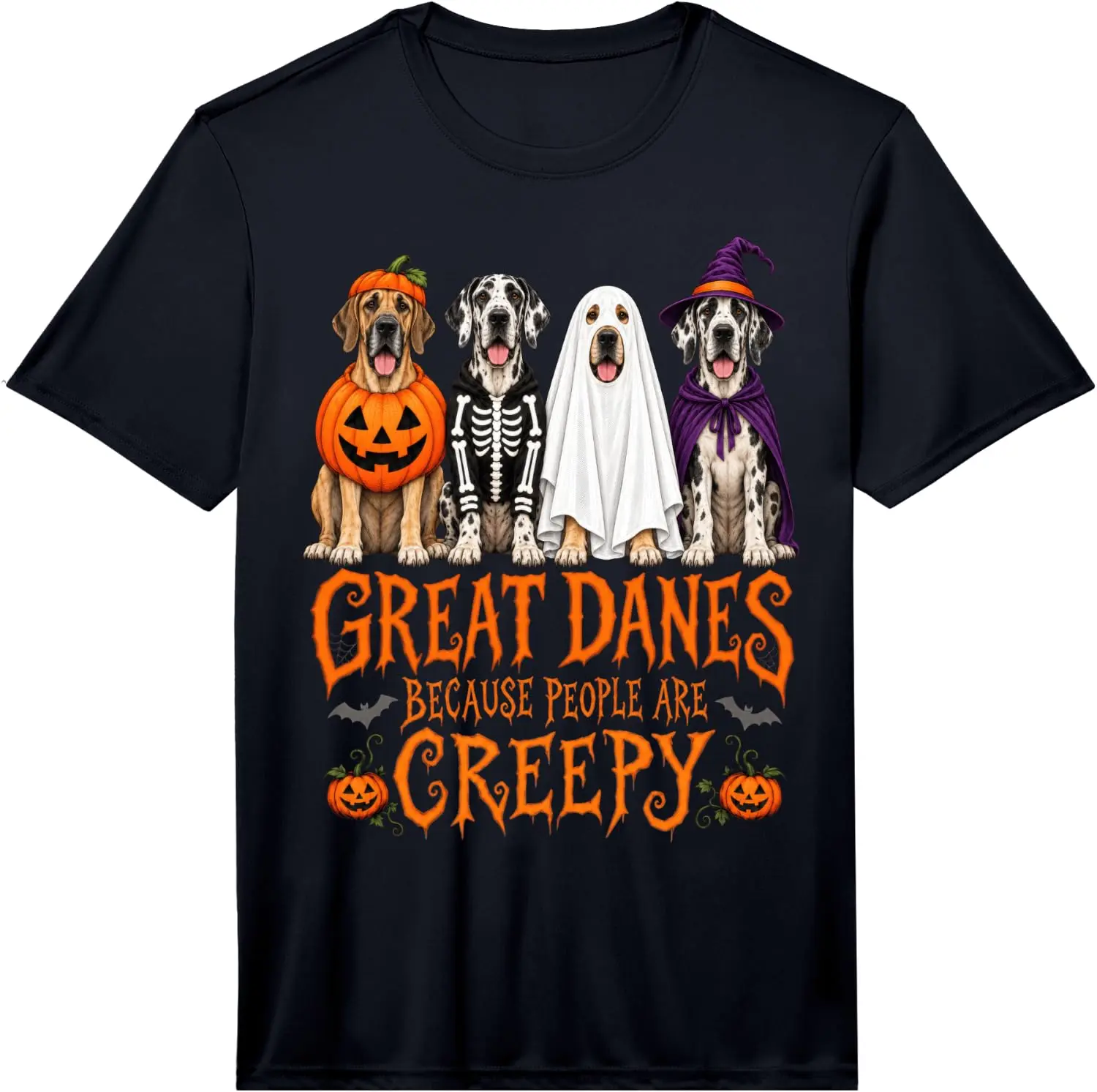 Great Danes Because People Are Creepy Halloween Dog Humor Performance T-Shirt Men's Spooky Halloween Graphic Print T‑Shirt, Crew Neck Short Sleeve Casual Cotton Tee For Holiday Party Daily Street Wear.