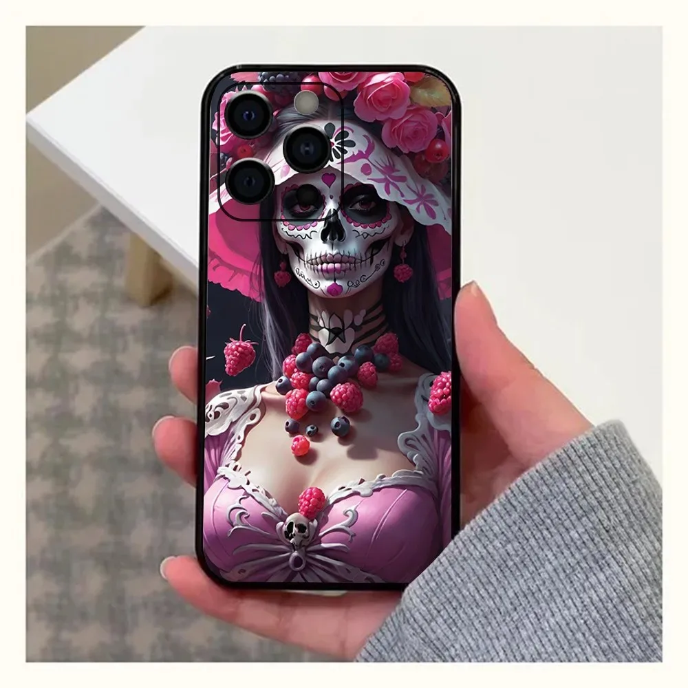 Mexican Catrina Skull Girl Phone Case For Apple iPhone 15,14,13,12,11,Pro,X,XS,Max,XR,Plus,Mini Soft Black Cover