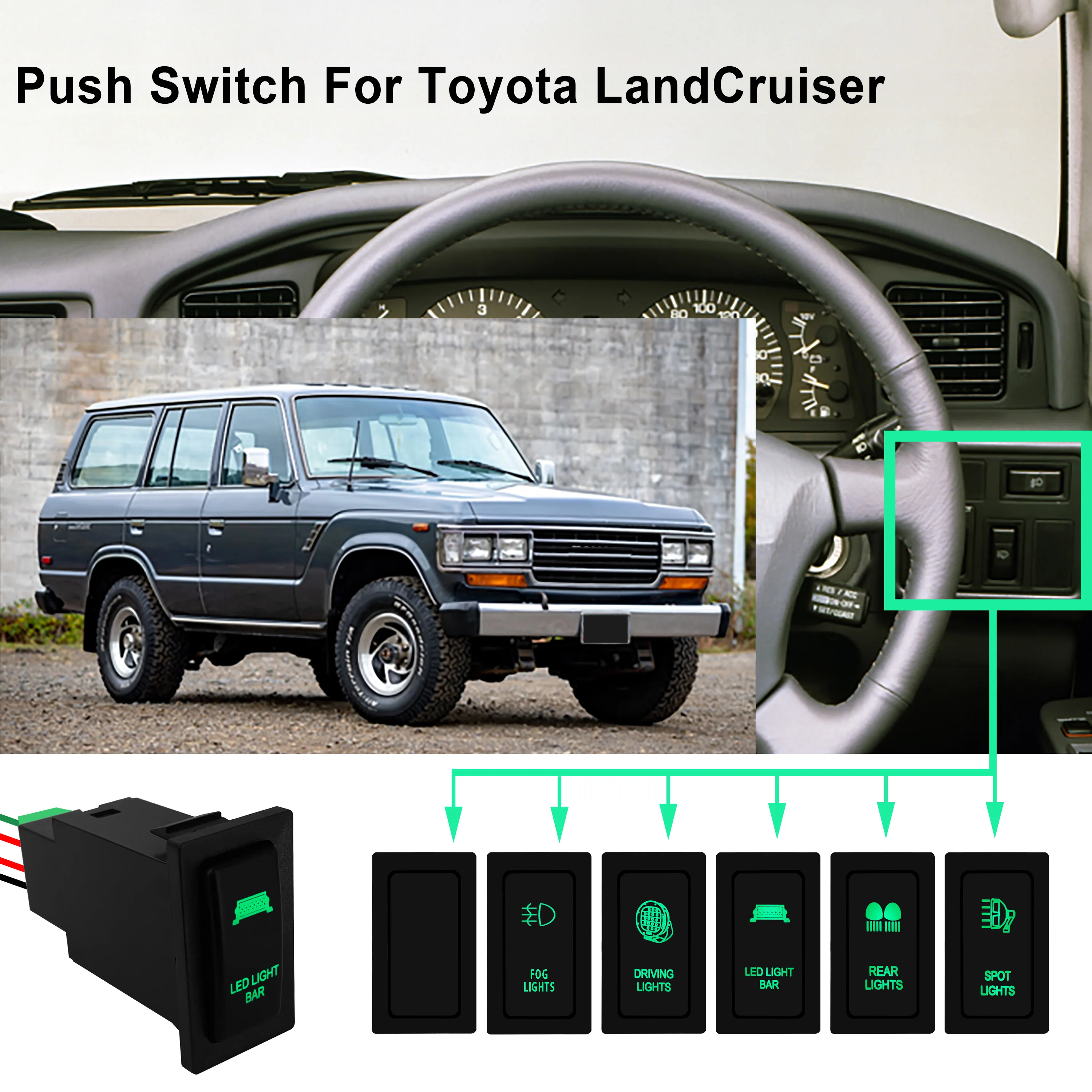 DC 12V Dual Green Led Fog Lights Push Button Switch for Car TOYOTA Prado 90 95 LandCruiser Buttons Accessories Replacement Parts view 5