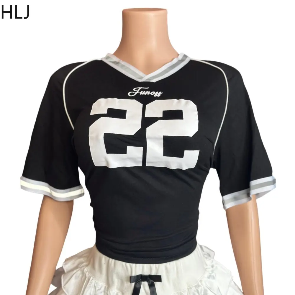 HLJ Stripe Letter Fashion Streetwear Women V Neck Loose Tshirt And Bow Ruched Mini Skirts Two Piece Sets Sweet Y2K 2pcs Outfits