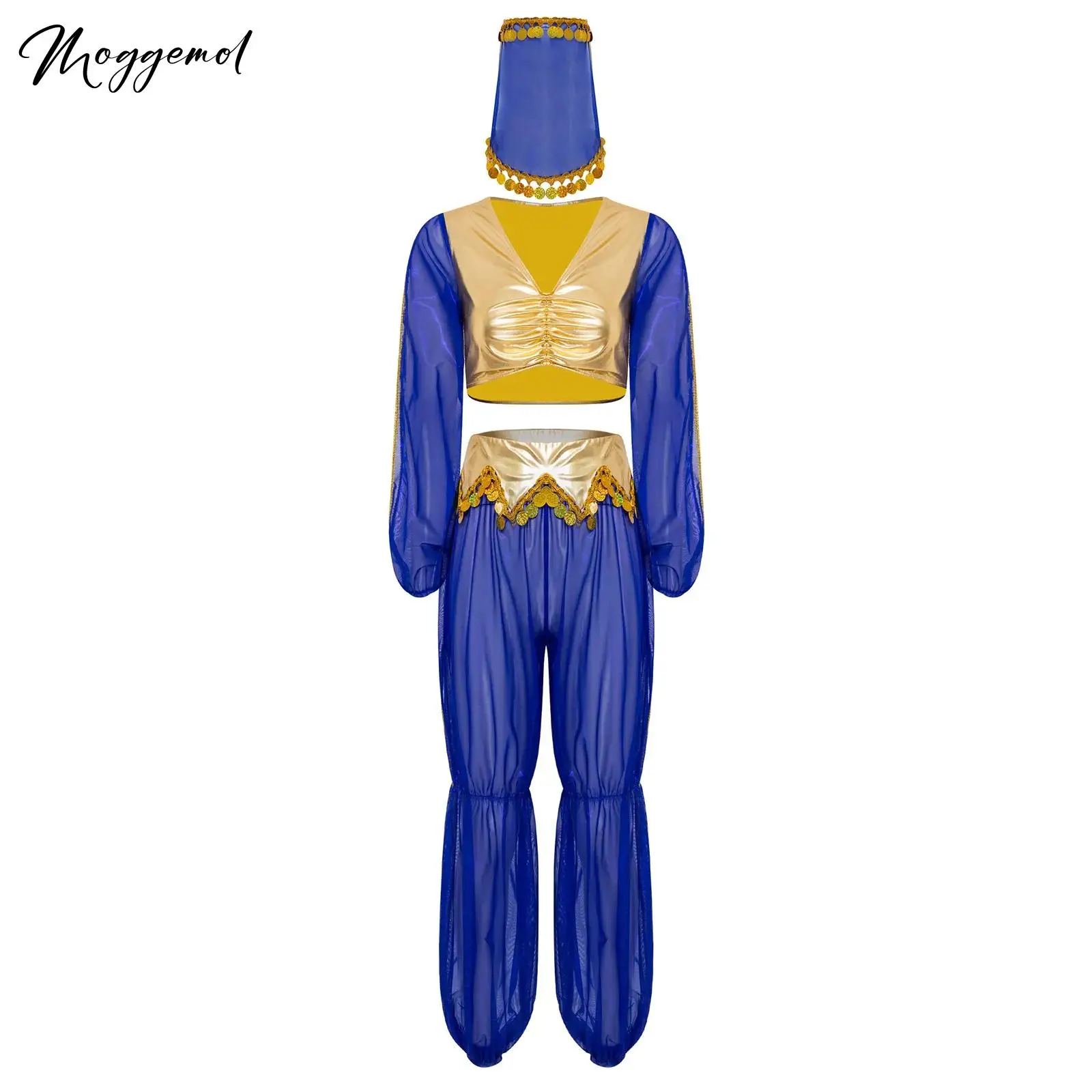 

Womens Belly Dance Costume Halloween Indian Arabian Princess Cosplay Outfit Contrast Color Crop Top Sheer Mesh Pants And Veil