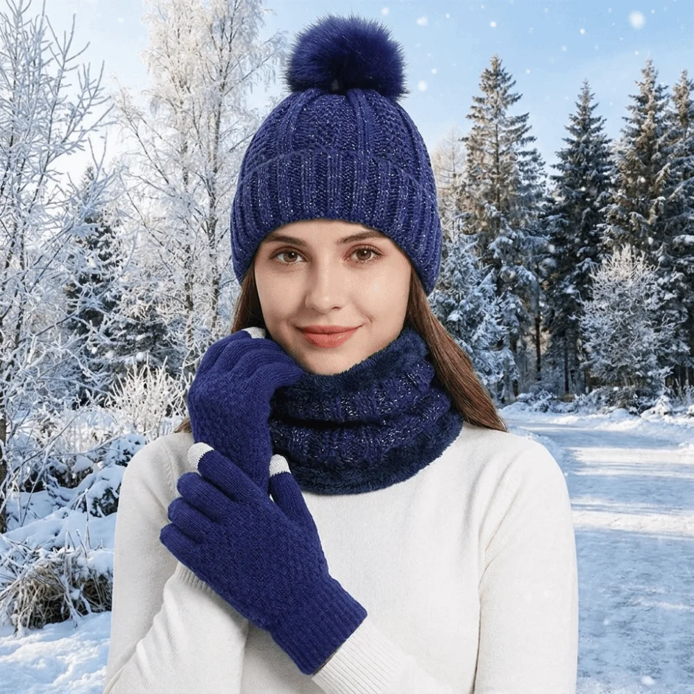 3pcs Comfortable Solid Color Hat Scarf Gloves Set Cute Pompom Keep Warm Knitted Hat with Velvet Thickened Beanie Hat Daily