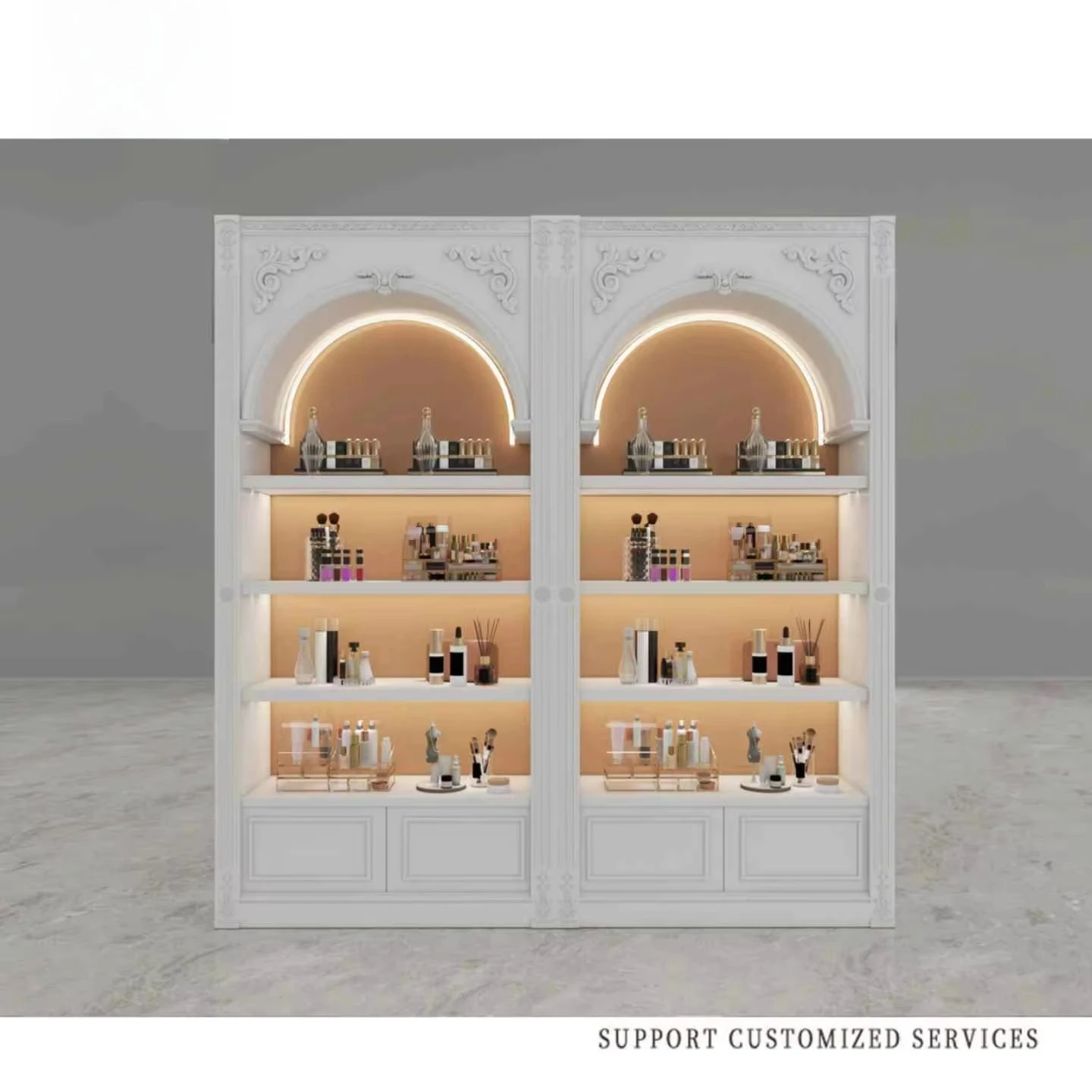 Fashion Concept Cosmetic Shelves Gold Retail Store Cosmetic Display Rack with Cabinet for Shop Customize Logo Size