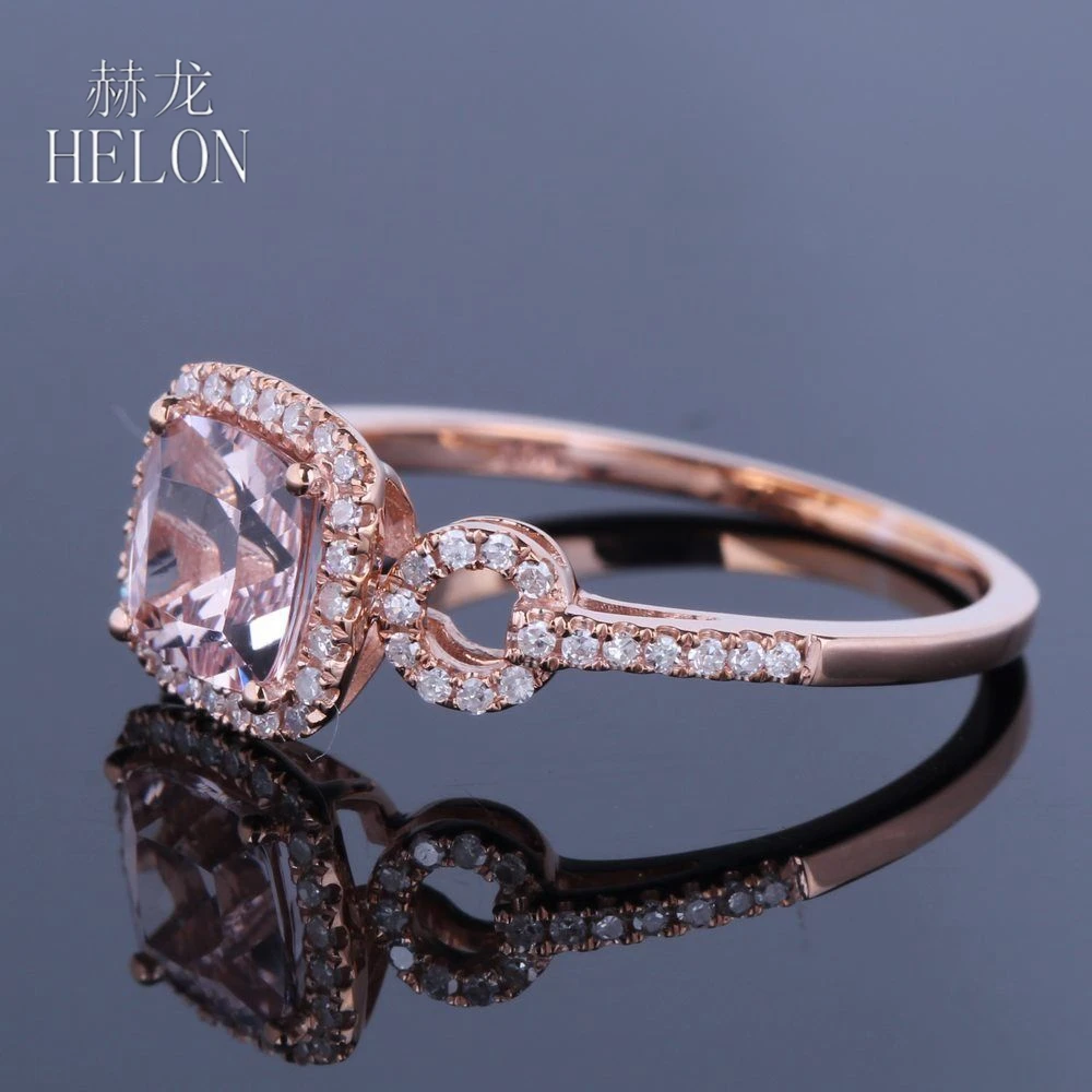 HELON Solid 14K 10k Rose Gold Ring 6mm Cushion Natural Morganite Diamonds Engagement Wedding Ring Women Fine Jewelry Gift