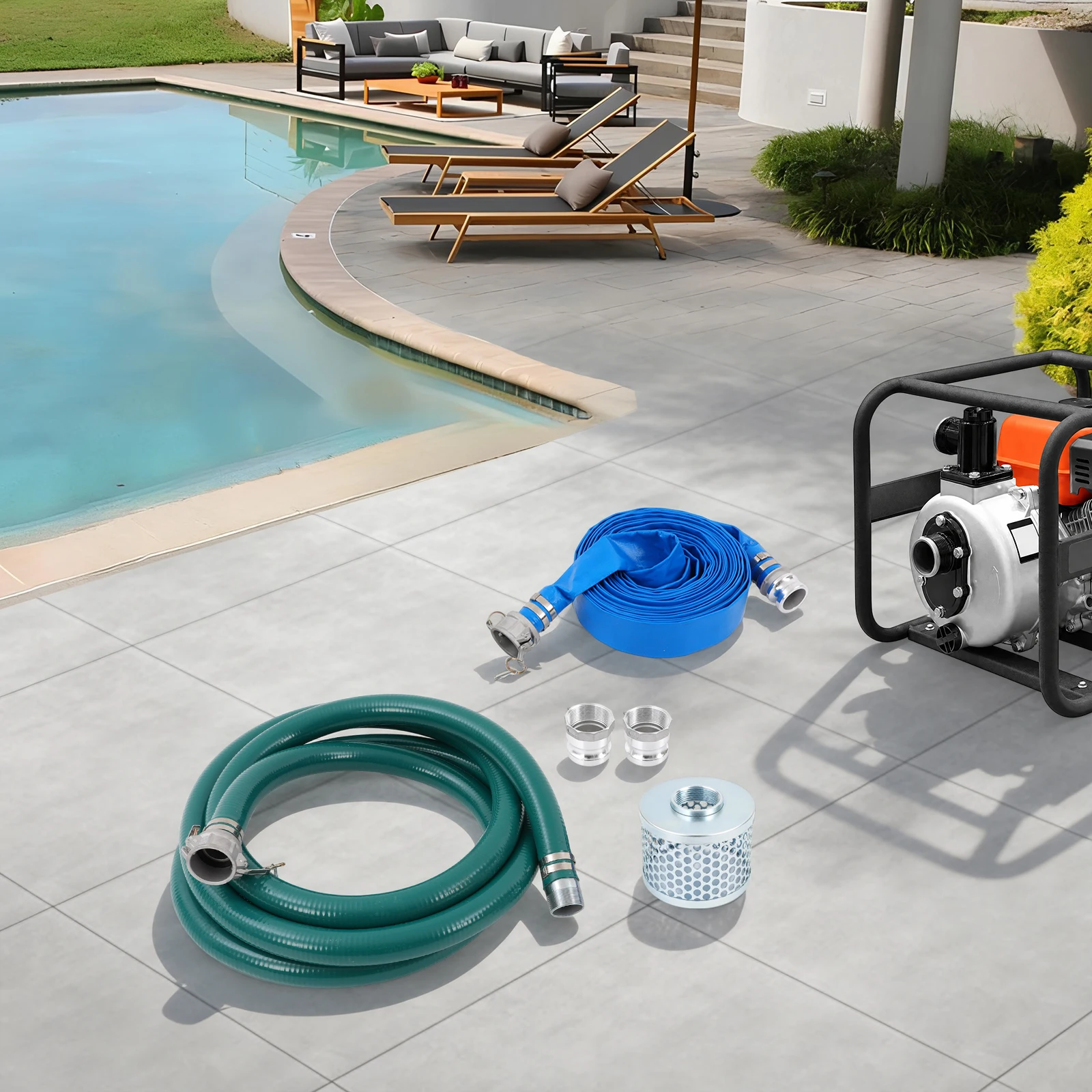 2in/3in Pump Suction & Backwash Discharge Hose Kit, 90PSI PVC Carbon Steel 65ft Blue Drain Hose 20ft Green Suction Hose With Strainer & Couplers For Agricultural Irrigation Construction Sewage Industrial Water Pump