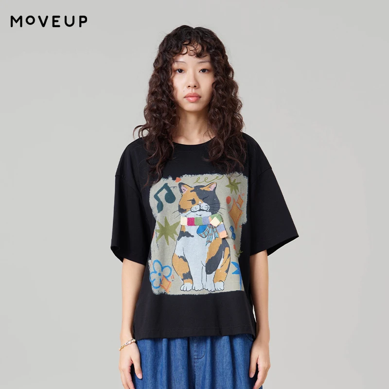 

MOVEUP Round Neck Short Sleeves T-Shirt 2026 Summer New Graffiti Cat Print Splicing Hem Casual Loose Top For Women 3ELX10544
