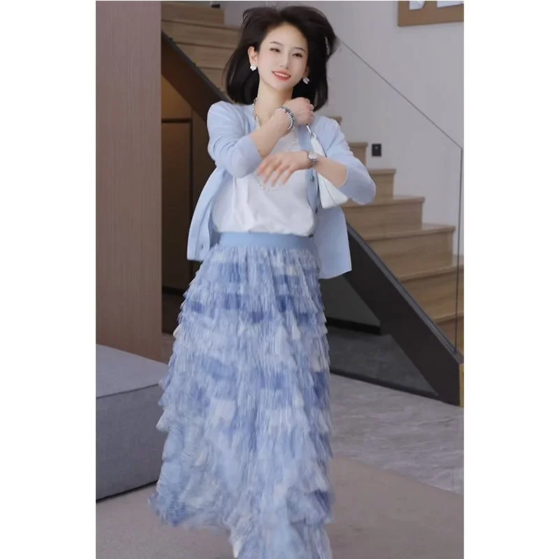 Spring Summer Knitted Long Sleeve Open Cardigan High Waist Dyed Mesh Cake Skirt Slimming Two Piece Set Casual Style Polyester...
