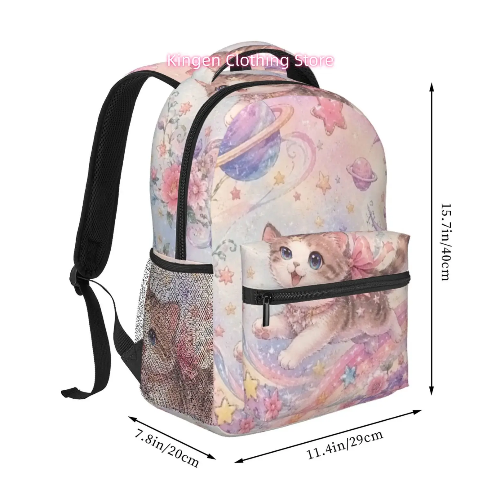 Women' Pastel Galaxy Cat Print Backpack - Lightweight Oxford Cloth Daypack with Adjustable Straps & Zipper Closure, Suitable for