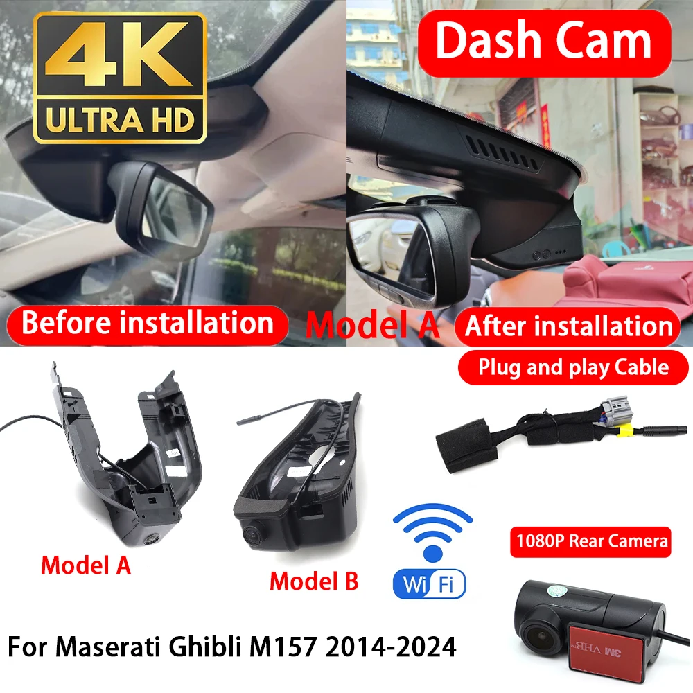 for Maserati Ghibli M157 2014-2024 4K 2160P Dash Cam Front Rear Car Camera DVR Wifi Plug & Play Video Recorder Loop Recording