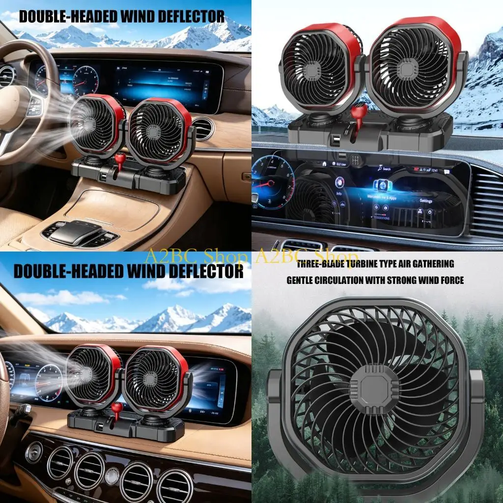 A2BC Truck Car Dashboard Fan 12V 24V Double Head Cooling Fan with Plug and USB Output for Cabin Air Use