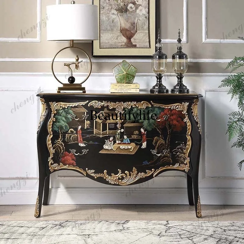 French Bedroom Storage Cabinet Solid Wood Court Painted Characters Decorative Storage Vintage Wall Drawer Cabinet