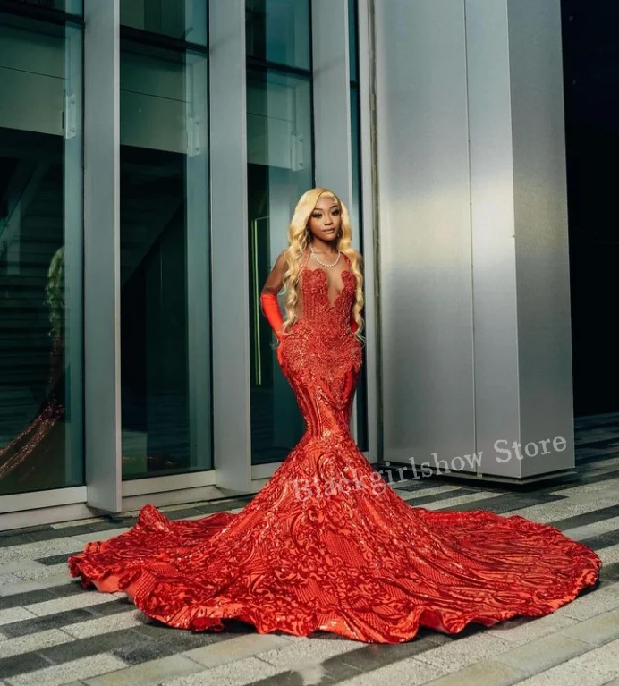 Vestido de graduación de sirena roja con cuentas deslumbrantes para niña, apliques negros, fiesta de cumpleaños, vestido de Reina, vestidos formales para ocasiones para niñas