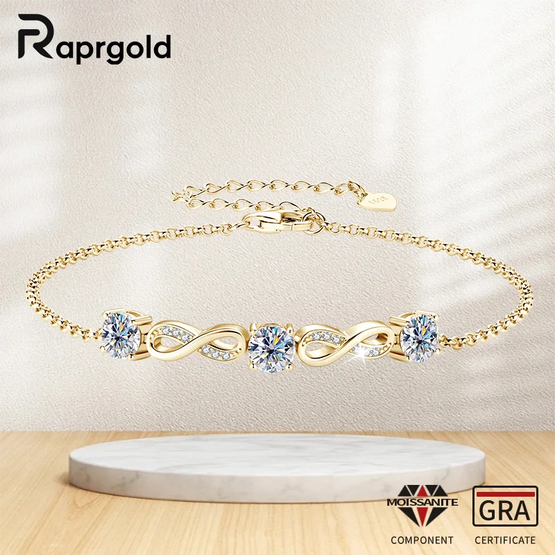 

RAPRGOLD GRA Certified 5mm Round Moissanite Classics Infinity Bracelet 925 Sterling Silver Bracelets for Women Fine Jewelry Gift