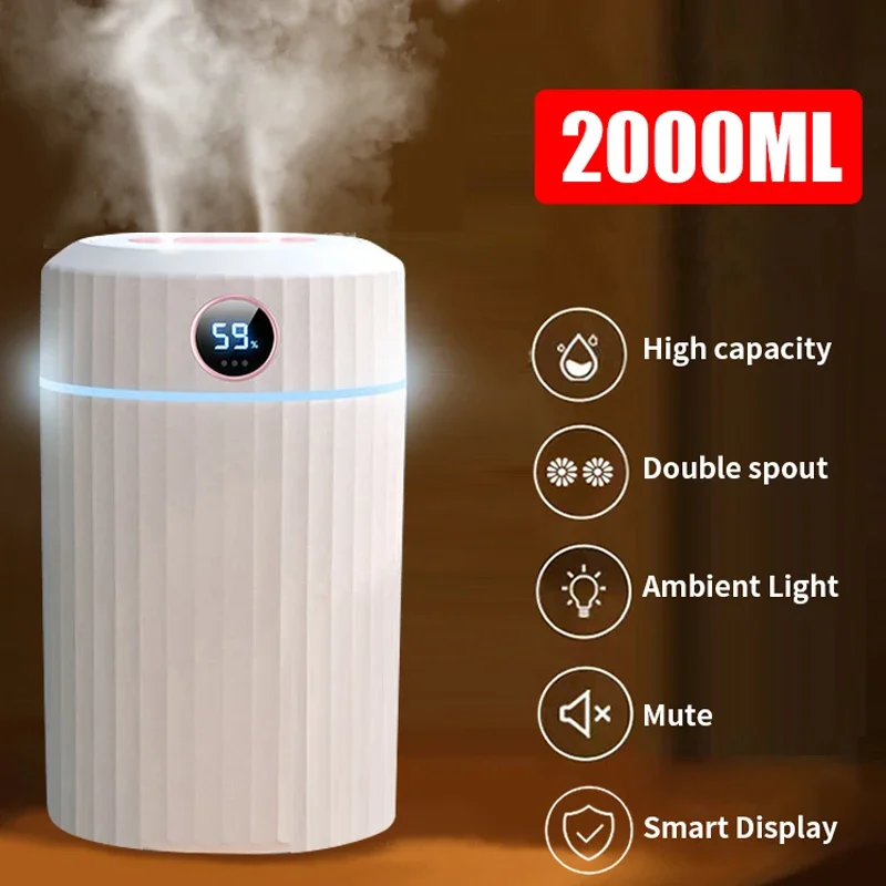 2L Double Nozzle Air Humidifier LCD Display Essential Oil Aroma Diffuser Ultrasonic Aromatherapy Humidifiers Paneles solares