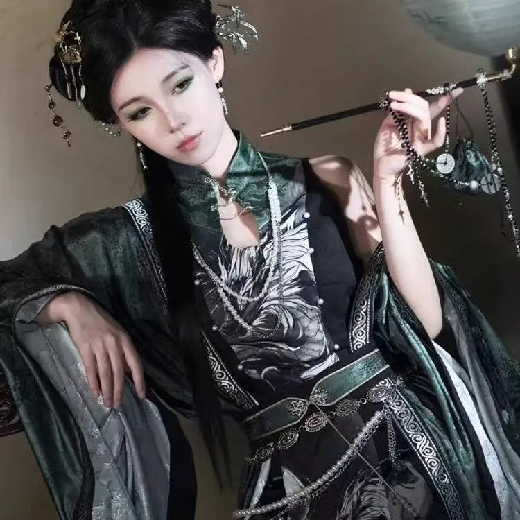 

original Hanfu New Chinese Style Costume Women's Han Elements Printing Song Pants Halloween Cosplay Suits Blackish Green COS