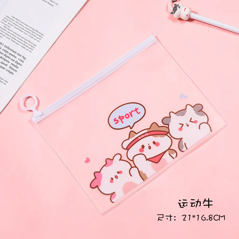2 Buah Kawaii Sapi Folder File Transparan Kartun Tas File Alat Tulis Tas Ritsleting Penyimpanan File Organizer Folder Perlengkapan Kantor