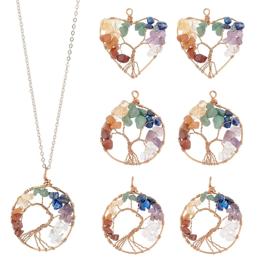 6Pcs 3 Styles Crystal Tree of Life Wire Wrapped Pendant 53.5~54.5x42~45.5mm Quartz 7 Chakra Crystals Gemstone Charms Life