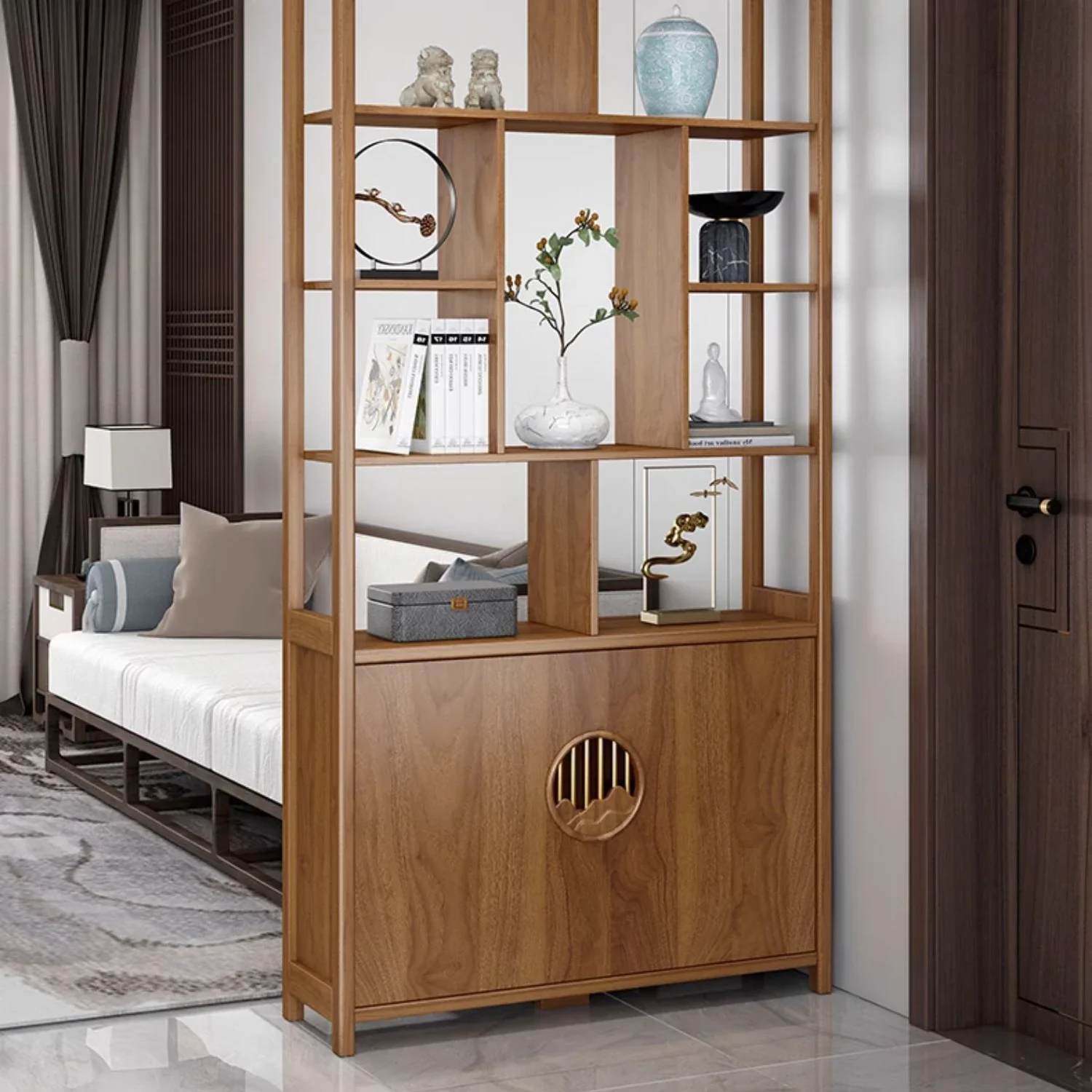 

Двухсторонний шкаф для хранения, деревянная рама из массива дерева, вход в гостиную, в китайском стиле