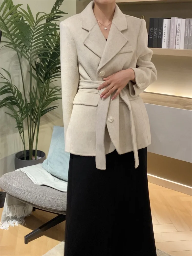 Dwustronny kaszmirowy płaszcz damski Krótki garnitur Płaszcze z wełny alpaki Zimowe damskie koreańskie płaszcze wełniane jednorzędowe z paskiem