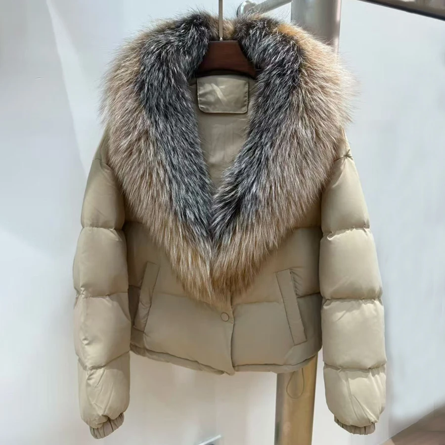 Witte donsjassen Echte grote vossenbontkraag Bovenkleding Echte bontjas Winterjas