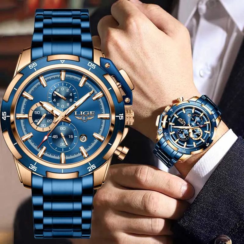 2023 LIGE Luxury Original Men Sports WristWatch Quartz Full Steel Waterproof Luxury Clock Big Watches Relogio Masculino For Men