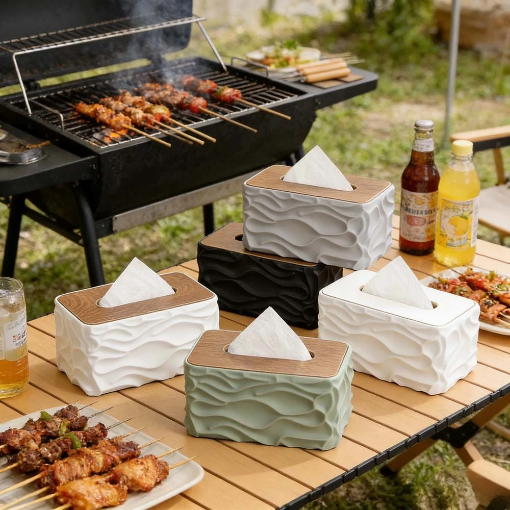 

Modern Napkin Paper Dispenser Case Holder Dustproof Plastic Tissue Box with Wooden Lid for Home Car Living Room Boîte À Mouchoir