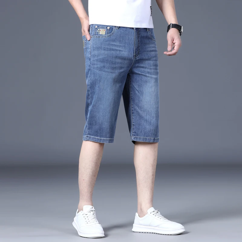 Summer Thin Stretch fabrics Denim Shorts for Men Straight Leg Loose Blue Embroidery Straight Over The Knee Jeans Shorts