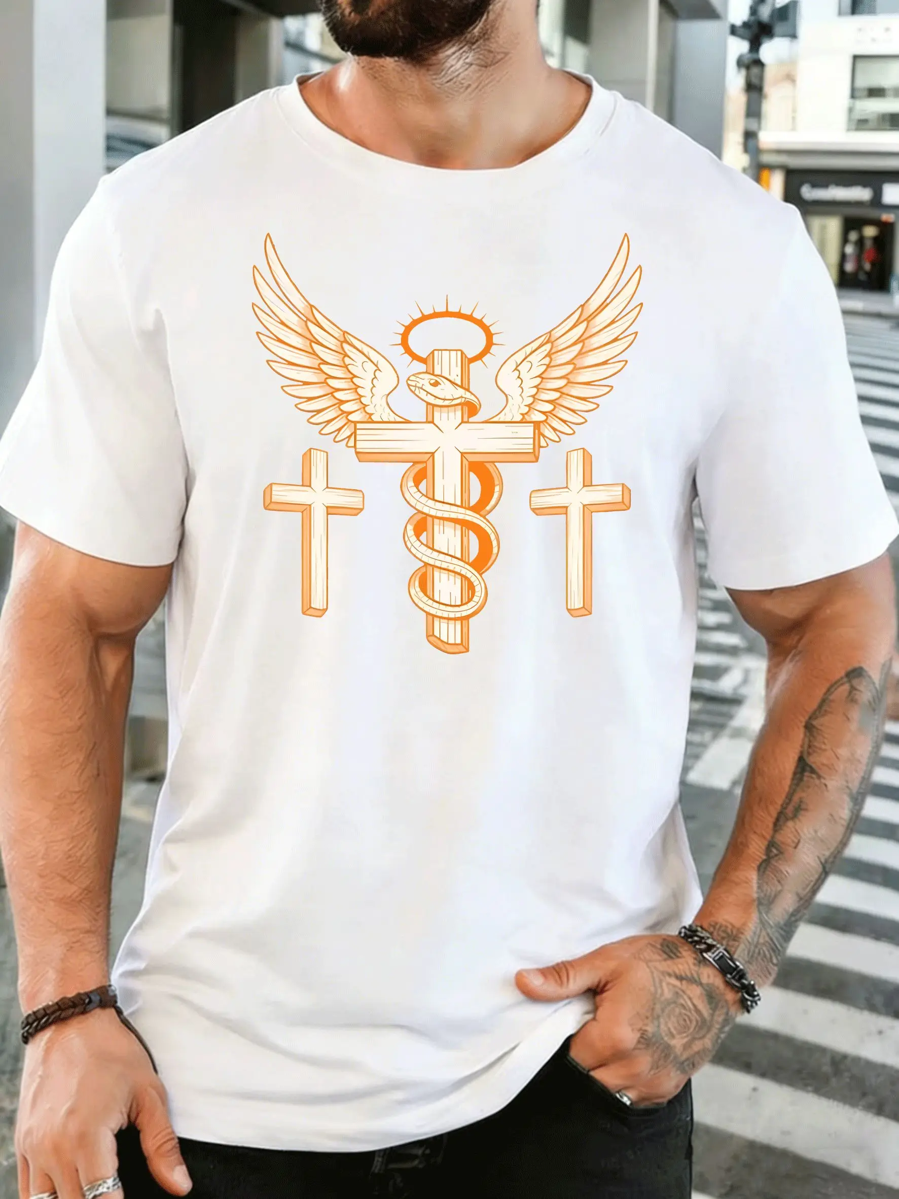 Three Crosses Winged Snake Religious Art Mens T Shirt Faith Symbol Graphic Tee Casual Short Sleeve Top Christian Believer Gift