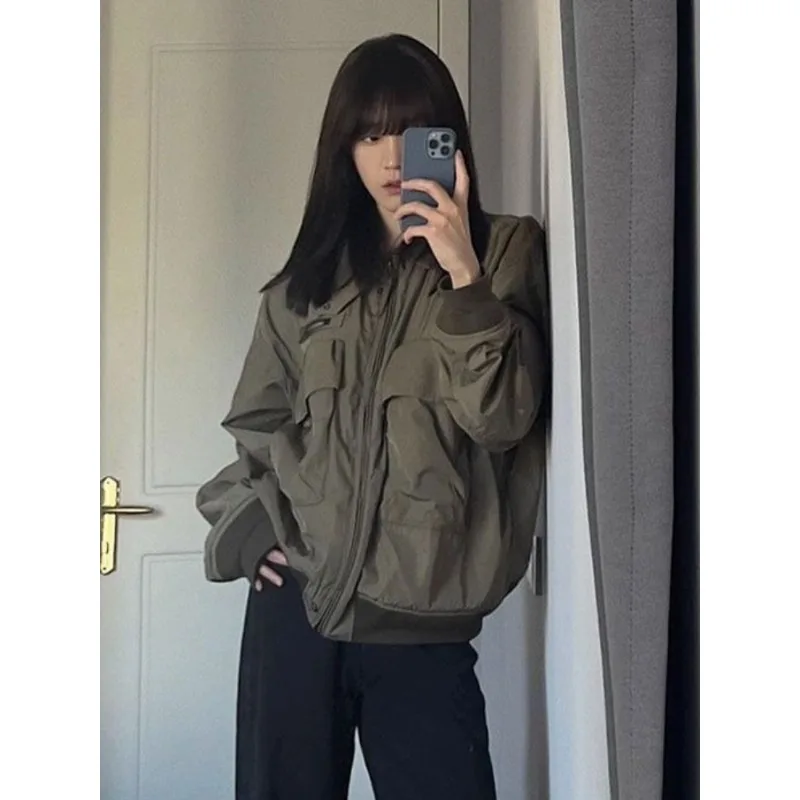 Retro American Short Coat Long Sleeve Women Casual Safari Style Japanese Y2k Bomber Jacket Pure Color Jacket Autumn Chic Tops