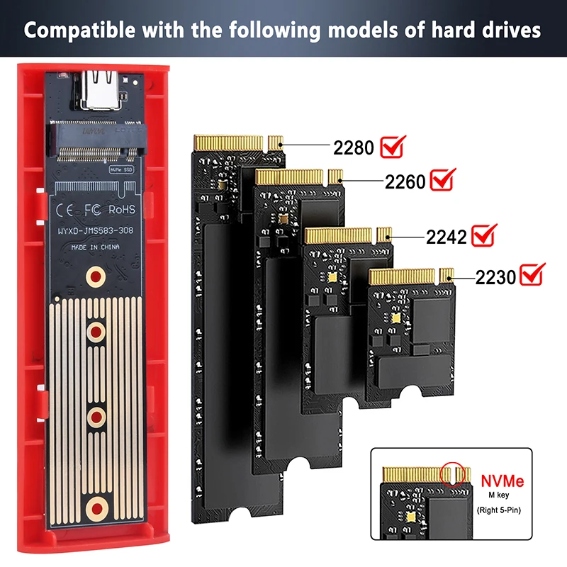 M2 SSD Enclosure M.2 to USB 3.1 Type C External SSD Box Aluminum Case for B+M/M Key 2230 2242 2260 2280 M2 SATA / NVMe PCI-E SSD