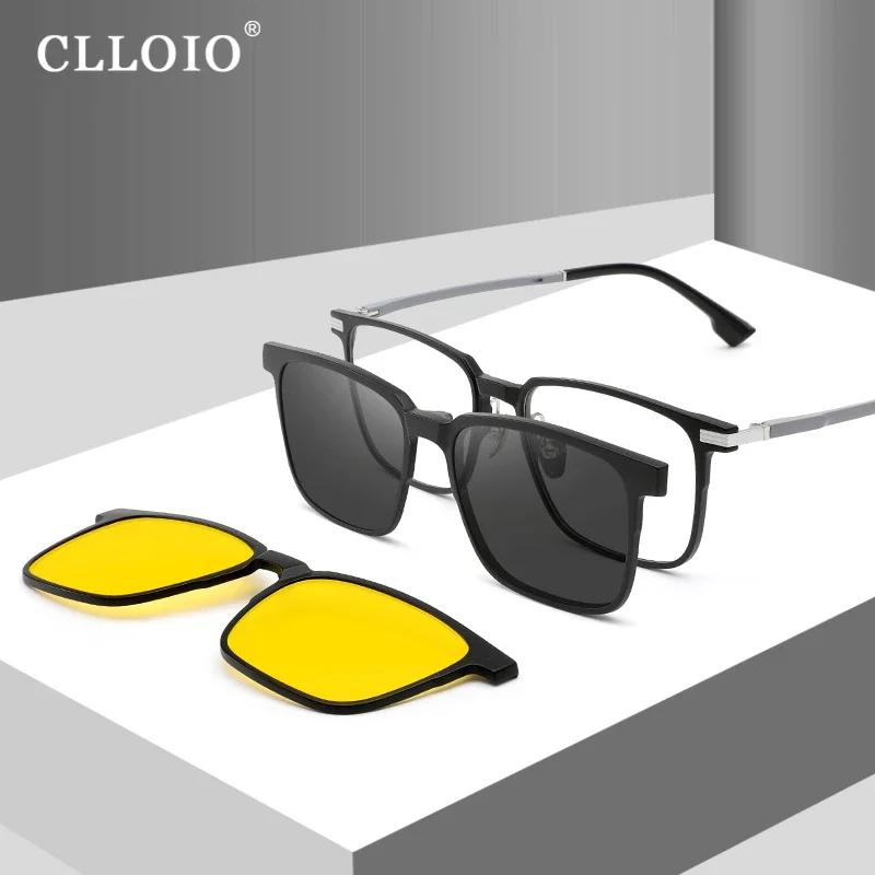 CLLOIO Übergroße quadratische 3-in-1-Brillenfassung mit magnetischem Clip, trendige polarisierte Sonnenbrille für Herren, TR90 optische Computerbrille