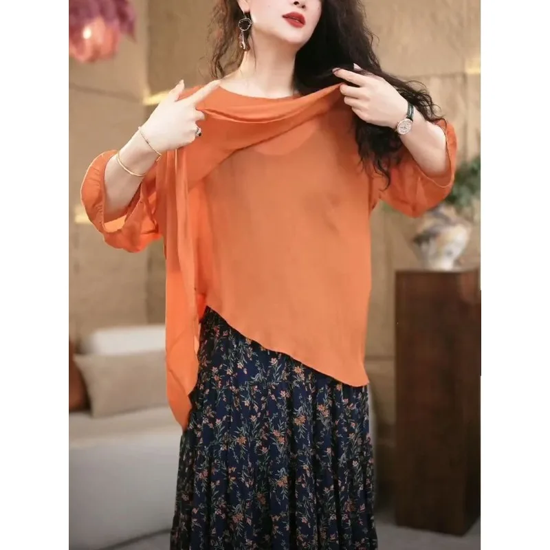 2025年 薄手 ゆったり 多用途 おしゃれな七分袖 丸首シャツ 多用途 無地トップス レディース