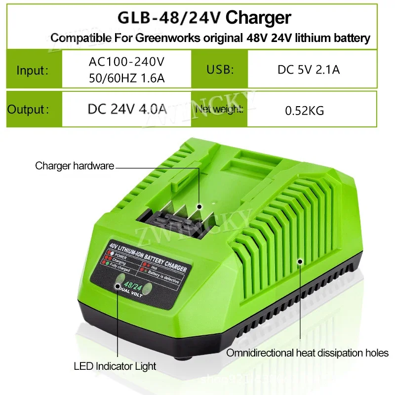 Portable Battery Charger For Greenworks 48/24V Li-ion Battery Charger Electric Tool Drill Saw Battery Charger With USB port