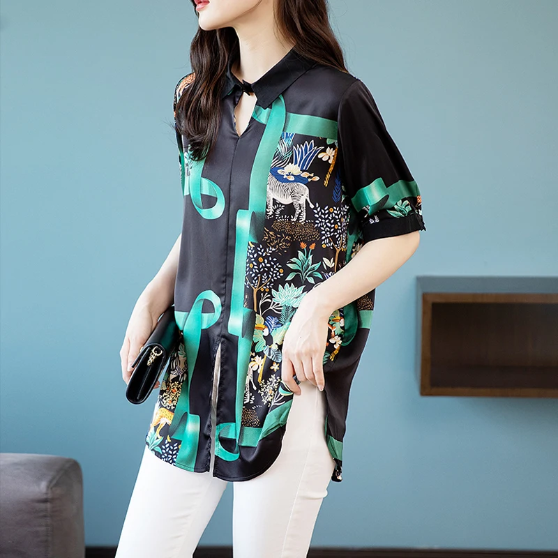 Women Summer Fashion Vintage Print Irregular Blouse Elegant V Neck Short Sleeve Shirts Casual Loose Tunic Tops Blusas Para Mujer