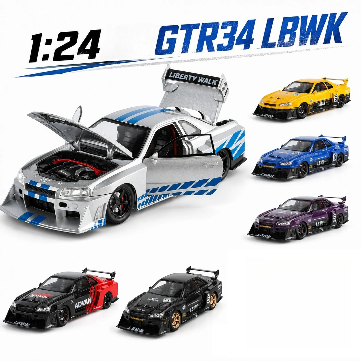 

1:24 GTR R34 LBWK Modified Sports Car Model Simulation Alloy Diecast Sound Light Toy Collectible Ornament Model Gift