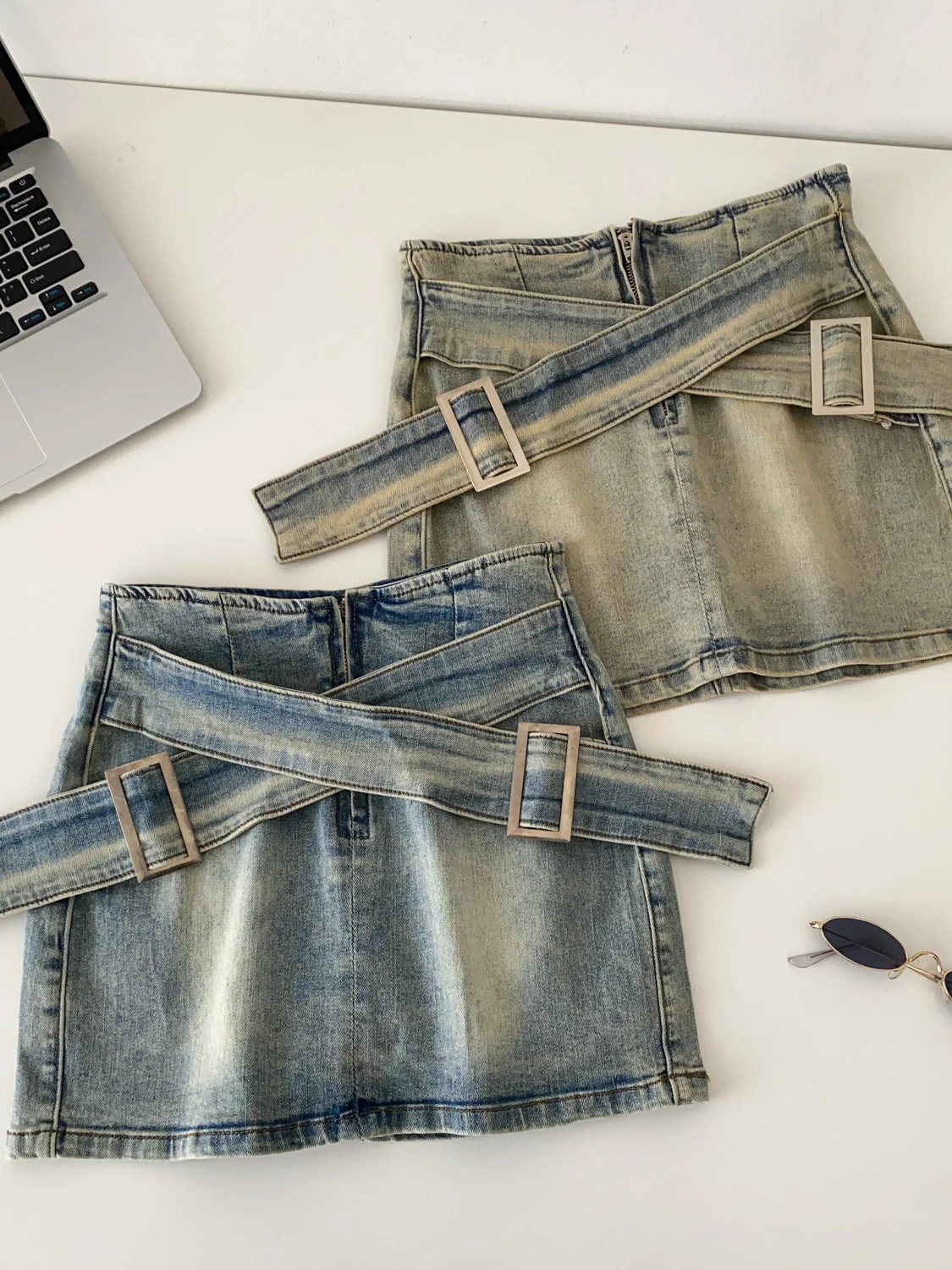 

Американская джинсовая юбка А-силуэта в стиле ретро с высокой талией для женщин, укороченная, для повседневной носки, облегающая, для офиса