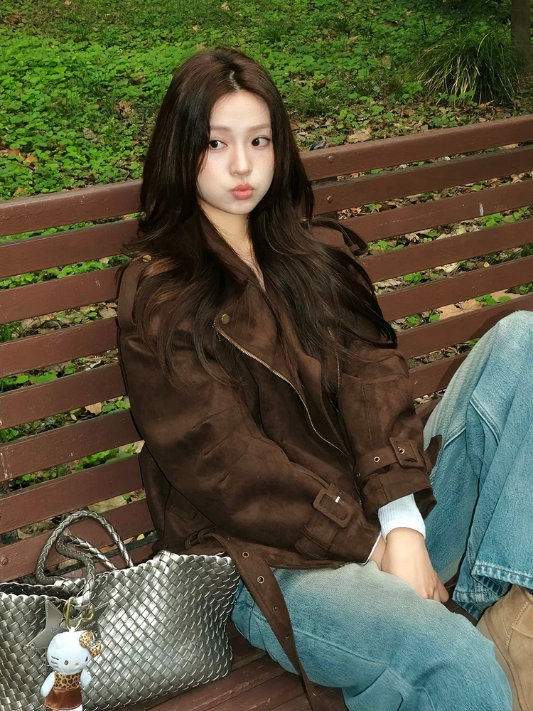 Women's Suede Jaet Loose Fit Turn-down Collar Workwear Coat American Retro Sle Autumn Winter Casual Outerwear