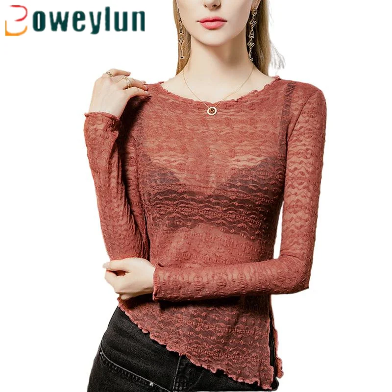 

Boweylun Autumn New Wooden Ear Edge Round Neck Lace T-shirt Bottoming Shirt Female Jacquard Sexy Women's Slit Long-sleeved Tops