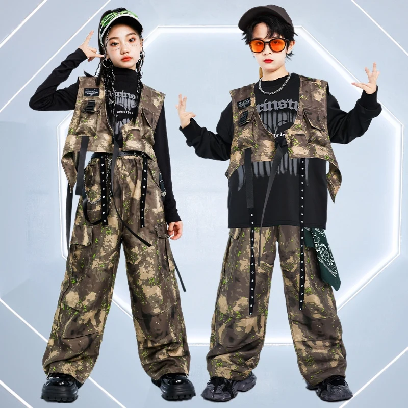 Jazz Modern Dance Clothing Children Hip Hop Kpop Stage Outfit Kids Street Dance Costume Black Tops Camouflage Cargo Pants 1177