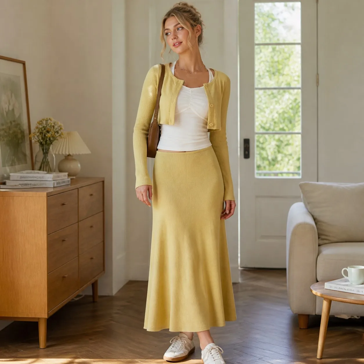 Round neck long sleeved cardigan & Tencel slim camisole vest & high waisted slit long skirt for daily casual vacation trend traf