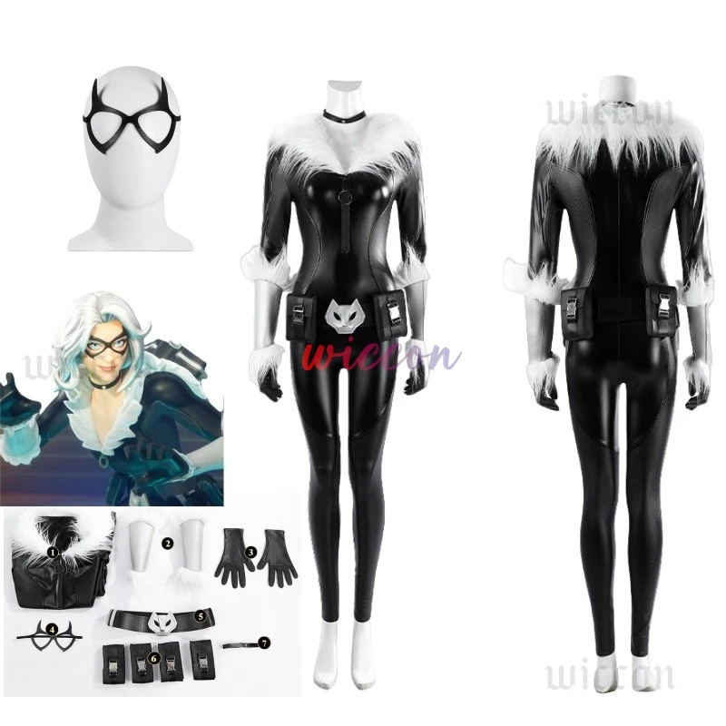 

Adult Black Cat Cosplay Costume Sexy Black Leather Catsuit Jumpsuit With Gloves Halloween Cat Lady Fancy Dress